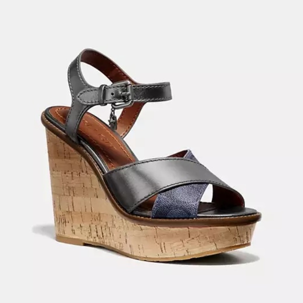 Coach Cross Band High Wedge Sandal Charcoal Gunmetal Size 6.5